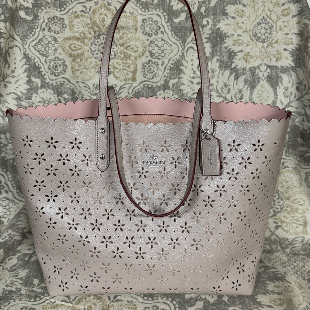 Coach Leather Flower Laser Cut Tote Bag